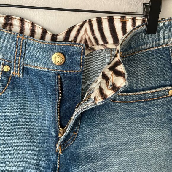 Roberto Cavalli Denim Silk Lined Animal Zebra Print Jean Shorts Size EU 42 - Picture 4 of 8